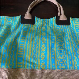 Aqua and yellow Patterned Tote Bag with Jute trim